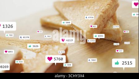 Présentant des triangles sandwich grillés sur une planche à découper en bois, se mélangeant avec des icônes de médias sociaux Banque D'Images