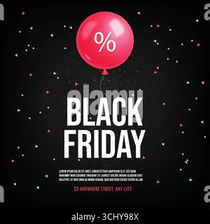 Conception de mise en page de bannière Black friday, ballons réalistes, modèle de publication de médias sociaux Black Friday Illustration de Vecteur