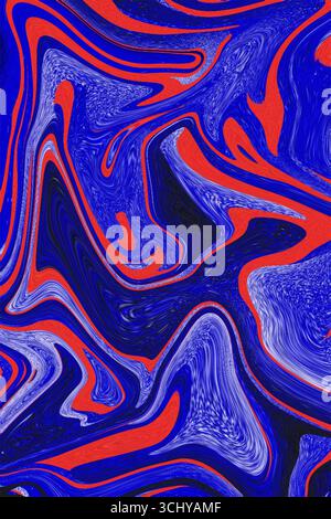 Une image dynamique et abstraite avec des motifs tourbillonnants de bleu foncé et lumineux, entrecoupés de rouge vif. Banque D'Images