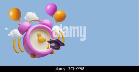 Retour à l'école arrière-plan de vecteur 3D avec ballons de vacances de chapeau d'étudiant de réveil et espace de copie Illustration de Vecteur