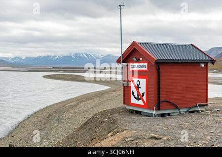 Bâtiment Sjoledning avec panneau sans ancrage Longyearbyen Svalbard // LONGYEARBYEN, Svalbard — Un petit bâtiment rouge avec un panneau indiquant « SJØLEDNING » et un symbole sans ancrage est situé sur un rivage rocheux. Le bâtiment présente un toit en métal ondulé foncé et une grande antenne sur le côté. En arrière-plan, un plan d'eau courbe vers des montagnes enneigées sous un ciel nuageux. Cette structure est située à Longyearbyen, le centre administratif du Svalbard, un archipel situé dans l'océan Arctique. Banque D'Images