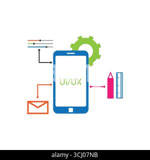 Vecteur plat créatif de conception UI/UX de smartphone entouré d'outils, d'engrenages et d'éléments pour le développement d'applications. Idéal pour la conception numérique, workfl logiciel Illustration de Vecteur
