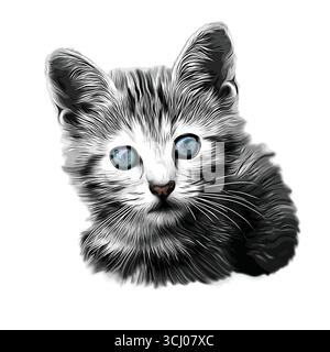 Portrait d'un adorable bébé chat dans le style croquis isolé sur fond blanc, graphique vectoriel de l'icône de chat. Portrait réaliste de chat mignon sur blanc, Vect Illustration de Vecteur