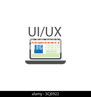 Illustration vectorielle d'ordinateur portable avec texte UI/UX et mise en page de contenu Web. Convient pour le marketing numérique, la conception de site Web et le concept d'interface créative. Illustration de Vecteur