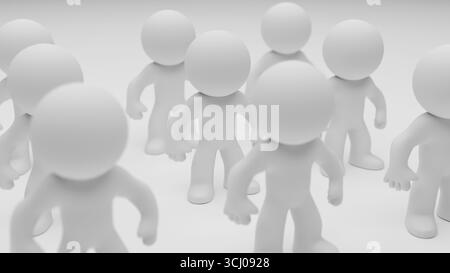 Un rendu conceptuel 3D représentant un groupe encombré de personnages humanoïdes debout ensemble dans un environnement abstrait propre, symbolisant la communauté et w Banque D'Images