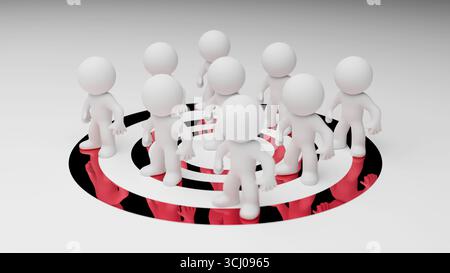 Une illustration 3D représentant un grand groupe de personnages humanoïdes rassemblés sur des cercles concentriques rouges, symbolisant les objectifs collectifs, l'unité et l'Organia Banque D'Images