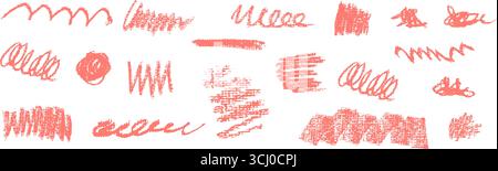 Ensemble de traits rouges à main levée vectoriels avec des taches épaisses audacieuses, des vagues de boucles et de tourbillons, des traces grattées et des croquis décoratifs pop. Tache de tableau noir Illustration de Vecteur
