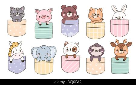 Animaux de poche jetant un coup d'œil. Petits personnages mignons, animaux heureux regarder les vêtements, mascottes de faune d'enfants, chat drôle, ours, lapin adorable, cheval et éléphant Illustration de Vecteur