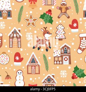 Maisons de pain d'épice à motif sans couture. Symboles répétés du nouvel an et de Noël, pâtisserie maison sucrée, biscuits glacés. Textile, papier d'emballage Illustration de Vecteur