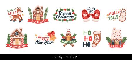 Emblèmes drôles de Noël. Autocollants de vacances avec symboles du nouvel an, maisons en pain d'épice, formes, pâtisserie sucrée maison, biscuits mignons, cartes et affiches Illustration de Vecteur