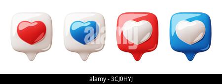 3d comme des cœurs. Icônes de médias sociaux volumiques brillantes, chat à bulles de rendu, symboles amoureux et romantiques, boîte de message emoji, graphique de Saint-Valentin Illustration de Vecteur