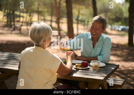 Couple senior profitant du pique-nique dans le parc, partageant jus d'orange et fruits Banque D'Images
