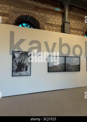 Cette image montre une partie d'une exposition d'art intérieur. Il présente deux photographies encadrées en noir et blanc montées sur un mur blanc. Le mur a grand, lig Banque D'Images