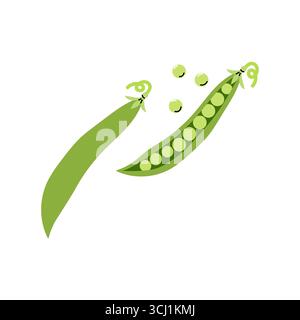 Les pois vert vif sont montrés dans leur gousse avec quelques pois éparpillés sur un fond blanc, mettant en valeur leur couleur naturelle et leur fraîcheur. Illustration de Vecteur