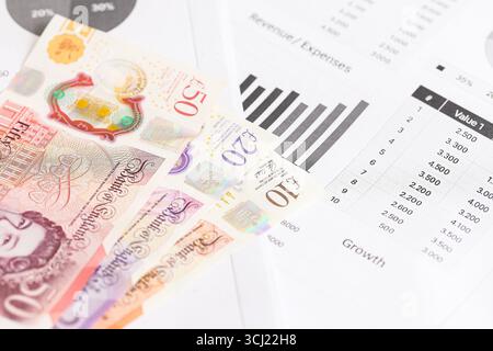 Billets sur rapport financier. Papier monnaie avec graphique économique. Investissement en devises et analyse de marché. Revenu financier et planification de la croissance. Banque D'Images