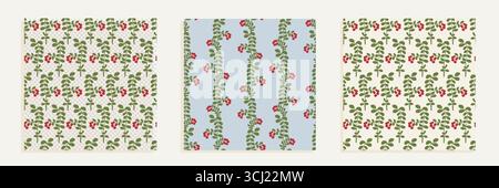 Collection de motifs Cowberry Seamless. Ensemble d'impressions de papier peint vintage et de textures pour le design d'intérieur. Esthétique rurale et rurale. Illustration de Vecteur