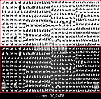 Grande collection de silhouettes de chat dans diverses poses affichées dans un noir et blanc divisé Illustration de Vecteur