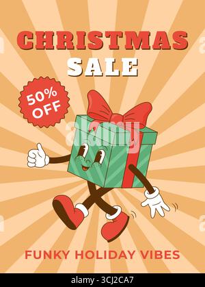 Rétro dessin animé des années 70 vente de Noël Character.Xmas boîte cadeau mascotte dans l'illustration vectorielle de style groovy. Shopping de vacances. Affiche vintage, flyer, salutation Illustration de Vecteur