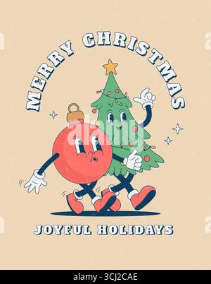 Affiche de personnage de Noël drôle de dessin animé rétro. Illustration vectorielle de mascotte de boule et d'arbre de Noël vintage. Nostalgie des années 60, 70, 80 Noël, nouvel an de Illustration de Vecteur