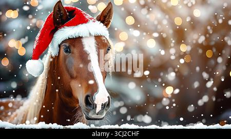 Gros plan de cheval brun portant chapeau de Père Noël en hiver neigeux avec des lumières festives. Banque D'Images