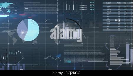 Affichage d'un globe 3D montrant un graphique à barres et un tracé linéaire dans un tableau de bord virtuel, avec un graphique circulaire. Visualisation des données, analyse, interface numérique, tableau de bord, Banque D'Images