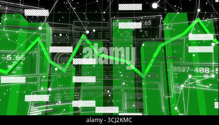 Affichage du tableau de bord de données vert montrant des graphiques à barres, un graphique linéaire au néon, des lectures numériques à l'écran. Futuriste, numérique, technologie, analytique, réseau, Banque D'Images