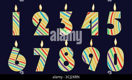 Un ensemble de bougies de numéro d'anniversaire. Bougies colorées allumées numéro d'anniversaire brûlant. Illustration de Vecteur