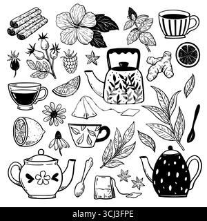 Théières, tasses à thé, plantes et herbes. Grande collection d'éléments de design en noir et blanc doodle style dessiné à la main pour la conception de menu et d'emballage. Illustration de Vecteur