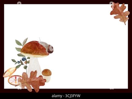 Champignons Boletus, boussole, feuilles de chêne, branches de myrtille, cadre d'automne aquarelle d'escargot sur fond blanc. Design boisé rustique parfait pour Banque D'Images