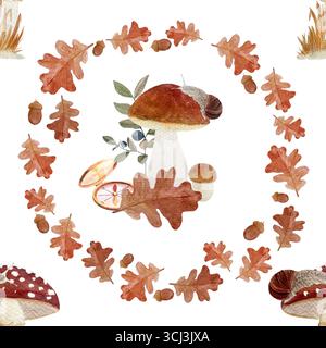 Champignons, escargot, boussole, feuilles de chêne, glands, et les baies dans la couronne d'automne rustique sur blanc. Motif aquarelle confortable sans couture. Design boisé parfait Banque D'Images