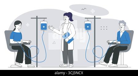 La transfusion sanguine à l'hôpital. Médecin, avec le donneur et le patient, effectue la transfusion sanguine. Traitement des maladies. Charité et bénévolat Illustration de Vecteur
