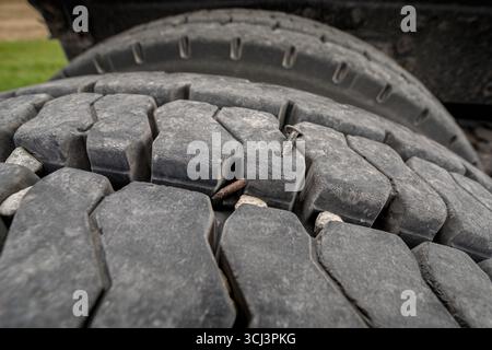 Clou coincé dans la bande de roulement des pneus de camion à grain extra-robuste. Inspection des pneus, pneu crevé, entretien et concept de sécurité. Banque D'Images