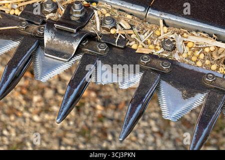 Couteau de faucille cassé sur la plate-forme de soja de la moissonneuse-batteuse. Concept d'entretien, de réparation et d'entretien de l'équipement agricole Banque D'Images