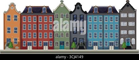 Rangée de maisons de canal hollandaises colorées, illustration vectorielle plate, composition symétrique, lignes épurées Illustration de Vecteur