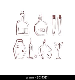 Bouteilles de potion de sorcellerie flacons tasse et bougie dessinés à la main ensemble idéal pour l'emballage d'halloween illustration vectorielle Illustration de Vecteur