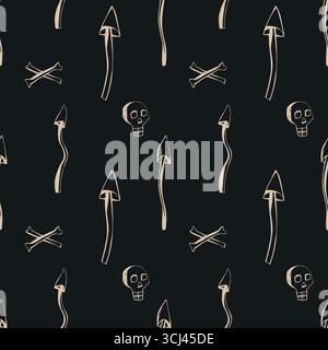 Elégant crâne de champignons et motifs sans couture en beige sur noir pour l'artisanat d'halloween illustration vectorielle Illustration de Vecteur