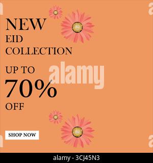 Nouvelle collection Eid jusqu'à 70% de rabais. Affiche et bannière de vente Big Eid avec fond floral coloré, réduction festive pour tout le monde, vecteur modifiable. Illustration de Vecteur