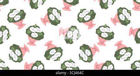 Motif alimentaire brocoli sans couture. Brocoli de dessin animé dans un vase rose disposé dans un motif plat sans couture. Illustration colorée sur fond blanc. Illustration de Vecteur