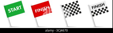Le pointeur de la carte de début et de fin affiche des drapeaux verts et rouges. Terminez les drapeaux d'épingle du pointeur de la carte. Drapeau de course à damier, vecteur Illustration de Vecteur