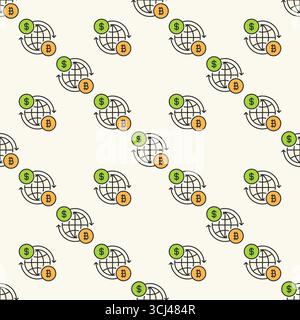 Earth Globe avec BTC et Dollar signe vecteur Bitcoin concept d'accumulation coloré motif sans couture Illustration de Vecteur