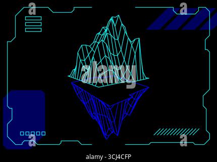 Montagne filaire 3D bleu fluo futuriste avec lignes géométriques dans le cadre de l'interface utilisateur numérique pour la technologie de science-fiction, la visualisation de données, et Illustration de Vecteur