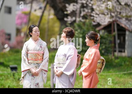 Trois femmes vêtues de vêtements traditionnels japonais se tiennent debout dans un champ herbeux. Ils portent tous des kimonos de couleurs différentes, et ils semblent être adm Banque D'Images