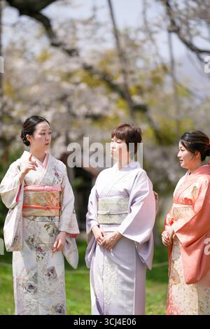 Trois femmes vêtues de vêtements japonais traditionnels se tiennent debout dans un parc, regardant quelque chose. Les femmes portent des kimonos, et elles semblent être des disques Banque D'Images
