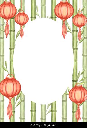 Tiges de bambou avec feuilles et lanternes chinoises modèle de carte postale aquarelle. Cadre avec espace de copie avec lumières du nouvel an. Dessiné à la main isolé Banque D'Images