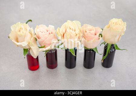 cinq bouteilles de colorant alimentaire de différentes couleurs et roses placées dans chacune pour voir les roses changer de couleur Banque D'Images