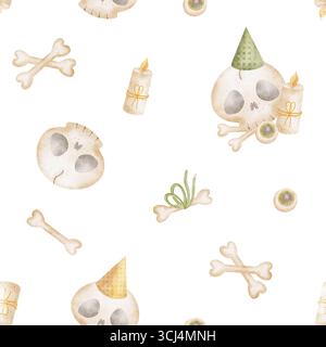 Motif sans couture Halloween. Crânes drôles, os, bougies. Illustration aquarelle dessinée à la main dans un style enfantin, isolé du fond pour les textiles Banque D'Images