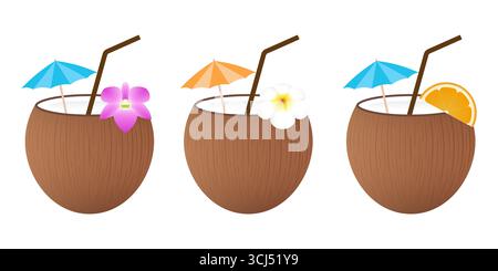 Jus de noix de coco ou boisson d'eau de noix de coco, cocktail de noix de coco. Illustration vectorielle isolée sur fond blanc. Illustration de Vecteur