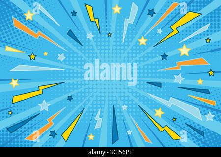 Fond de bande dessinée avec Thunder Lightning. Blue Pop Art Comic toile de fond avec la foudre, les étoiles et l'effet demi-ton pour la bannière de vente, l'événement, l'affiche Illustration de Vecteur