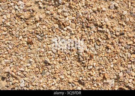 Macro détail de fond d'un chemin avec de la saleté et de petites pierres sur une journée ensoleillée. Vue de dessus. Banque D'Images