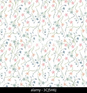 Aquarelle florale Meadow sans couture motif isolé blanc. Imprimé Ditsy de mini fleurs sauvages couleurs bleu rose. Conception botanique sans fin de petite main Banque D'Images
